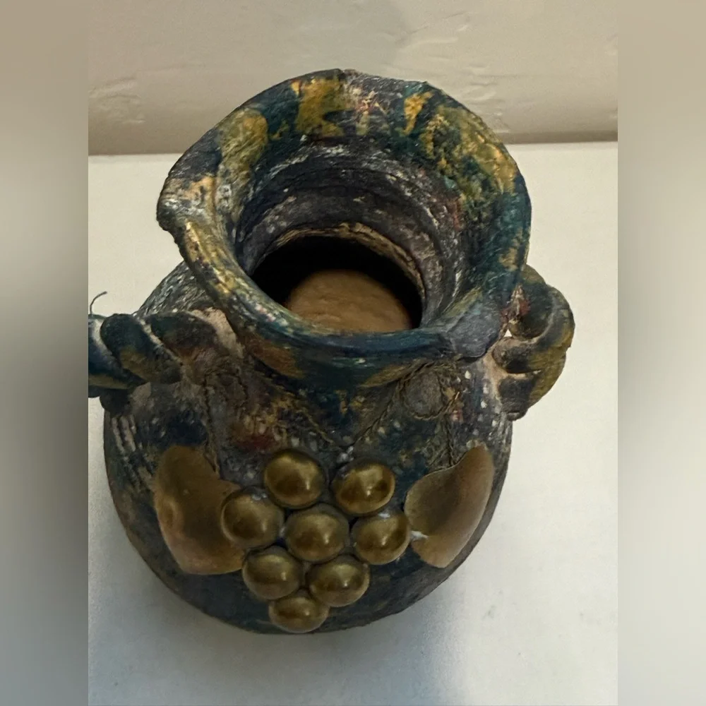 Pottery Vintage Vase Brass and Copper Accents Loop‎ Handles Primitive Folk Art